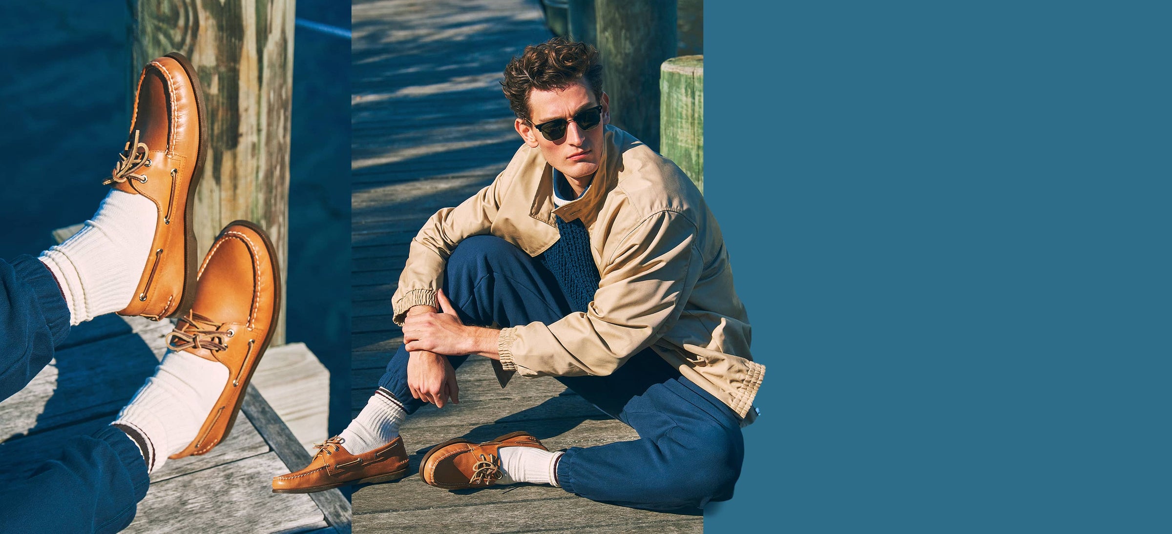 Person sitting on a dock wearing Sperry Men's Authentic Original™ 2-Eye Nutmeg boat shoes.